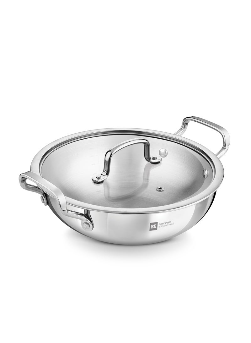 بيرجنر مقلاة تشويح بيرغنر 24 سم (3 لتر) من الفولاذ ثلاثي الطبقات مع غطاء زجاجي - مقلاة عميقة للطهي الصحي واستخدام زيت أقل - "ووك" بقاعدة حث - "كاداي" ثلاثية الطبقات لتوزيع حراري متساوٍ - مقلاة تشويح عميقة - Image 1